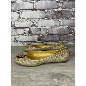 Tory Burch Straw Reva Gold Leather Logo Ballet Flats Women’s Sz 7.5M US/38EU